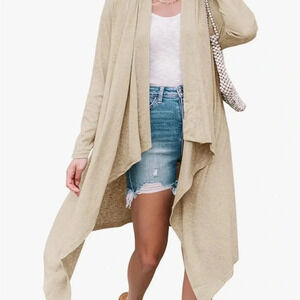 Open Front Lightweight‎ Long Sleeve Draped Apricot Long Cardigan Medium